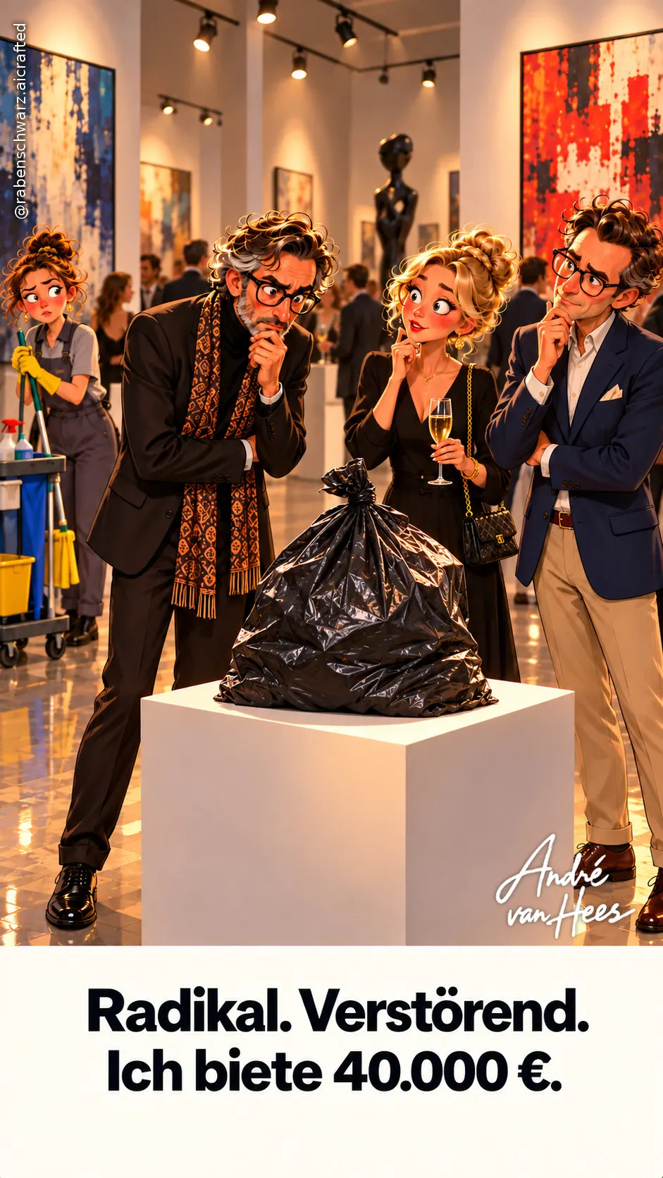 In einer Galerie betrachten elegante Besucher mit ernster Miene einen schwarzen Müllsack auf einem weißen Sockel; im Hintergrund steht eine Reinigungskraft mit Putzwagen.
