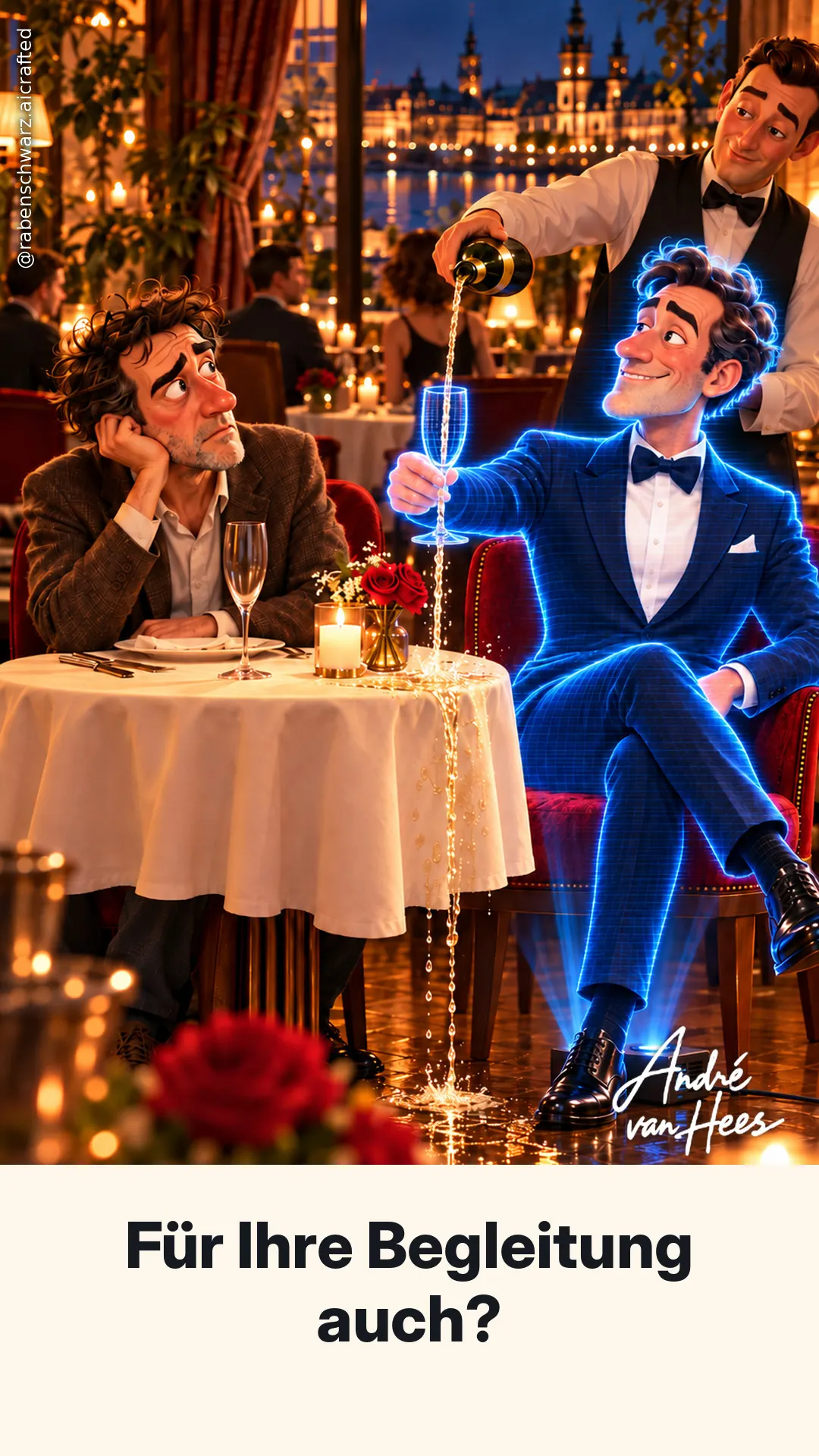 Ein Kellner gießt einem leuchtend blauen Hologramm im Smoking Champagner ein, der durch das Glas auf den Boden plätschert; gegenüber sitzt ein müder Mann allein am Tisch.