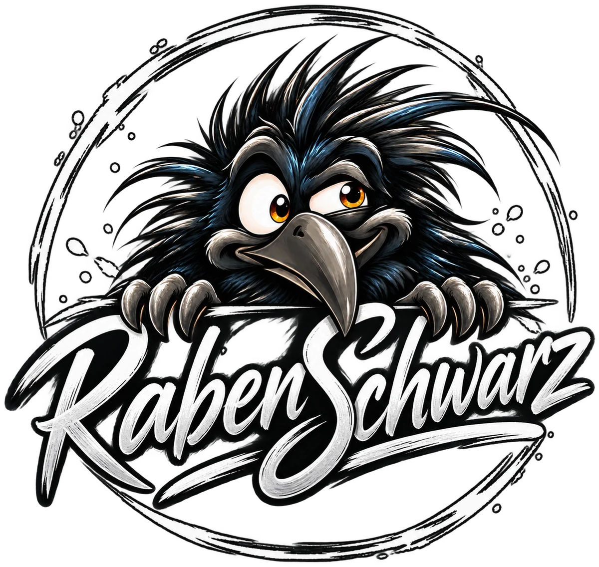 Rabenschwarz – Logo: ein zerzauster Rabe lugt über eine Kante